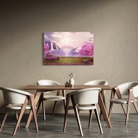 Obraz ružových stromov s jazerom (90x60 cm)
