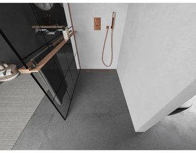 Mexen Kioto+, sprchová zástena Walk-In s poličkou a vešiakom 140 x 200 cm, 8mm číre sklo čierny vzor, medený matný profil, 800-140-121-65-77