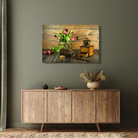 Obraz - tulipány, mlynček a káva (90x60 cm)