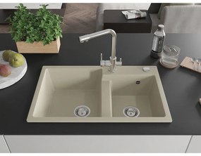 Mexen Tomas, granitový drez 800x500x190 mm, 2-komorový a chrómová batéria Duero, béžová, 6516-69-671600-00