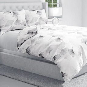 Biante Bavlnené posteľné obliečky Sandra SA-512 Sivo-biele ginkgo listy na bielom Predĺžené 140x220 a 70x90 cm