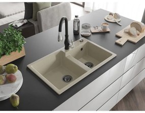 Mexen Tomas, granitový drez 800x500x190 mm, 2-komorový a drezová batéria Savita, béžová, 6516-69-672601-70