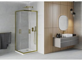 Mexen Rio, štvorcový sprchovací kút s posuvnými dverami 80(dvere) x 80(dvere) x 190 cm, 6mm číre sklo, zlatý profil + biela sprchová vanička SLIM, 860-080-080-50-00-4010G