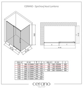 CERANO - Sprchovací kút Lantono L/P - 8 mm - čierna matná, grafitové sklo - 110x80 cm - posuvný, CER-CER-8050BD7516