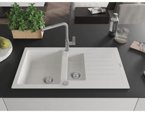 Mexen Matias, 1,5-komorový granitový drez 900x505x200 mm a drezová batéria Flora, biela, 6502-20-670401-06