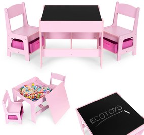 Zostava detského nábytku, stôl + 2 stoličky, kriedová tabuľa, ružová, ECOTOYS