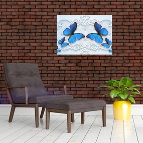 Sklenený obraz - Modré motýle (70x50 cm)