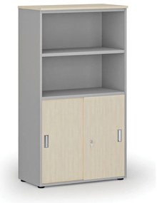 Kombinovaná kancelárska skriňa PRIMO GRAY, zasúvacie dvere na 2 poschodia, 800 x 420 x 1434 mm, sivá/breza