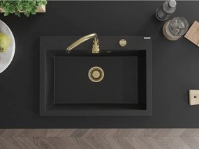 Mexen Elix, 1-korový granitový drez 700 x 500 mm, čierna/strieborná metalíza, zlatý sifón, 6526701005-73-G