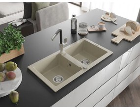 Mexen Mario, 2-komorový granitový drez 820x436x161 mm a drezová batéria Flora, béžová, 6504-69-670401-07