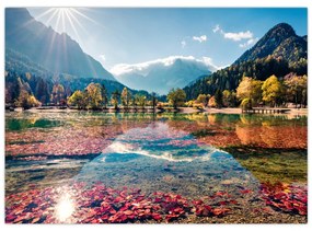 Sklenený obraz - Jazero Jasna, Gozd Martuljek, Julské Alpy, Slovinsko (70x50 cm)