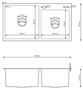 Erga HD, 2-komorový oceľový drez 780x430x210 mm, grafitová, ERG-MLS-HD7843B