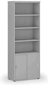 Kombinovaná kancelárska skriňa PRIMO GRAY, zasúvacie dvere na 2 poschodia, 800 x 420 x 2128 mm, sivá
