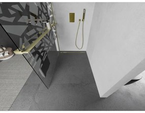 Mexen Kioto+, sprchová zástena Walk-In s poličkou a vešiakom 90 x 200 cm, 8mm číre sklo biely vzor, zlatý matný profil, 800-090-121-55-85