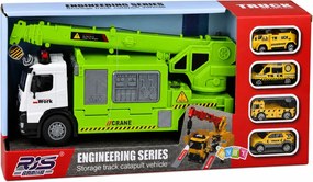 LEAN Toys Nákladné auto s žeriavom a prepravníkom vozidiel – svetlá a zvuky – zelené