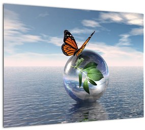Sklenený obraz motýľa na sklenenej guli (70x50 cm)