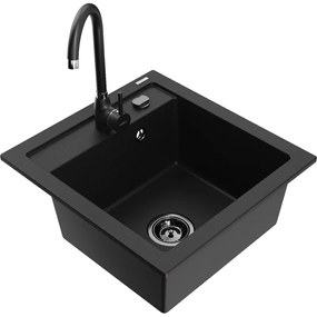 Mexen Vito, 1-komorový granitový drez 520x490x210 mm, čierna matná batéria Telma, čierna, 6503-77-670200-70-B
