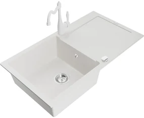 Mexen Leo, granitový drez 900x500x190 mm, 1-komorový a drezová batéria Carla, biela, 6501-20-670700-20