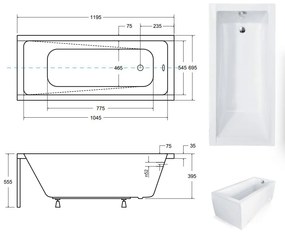 D‘Eluxe - VANE - Obdĺžniková akrylátová Vaňa CLASSIC x, , MW01DFP1271 + Krycí predný a bočný panel + automatický sifón (biely) Klasická obĺžniková vaňa lesklá biela 120 70 55.5 120x70x55,5