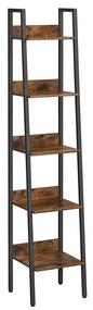 Rebríkový regál, industriálny, 5 políc, 170x33,8x30cm, vintage hnedo-čierny