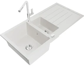 Mexen Andres, 1,5-komorový granitový drez 1000x500x200 mm a drezová batéria Flora, biela, 6515-20-670401-02