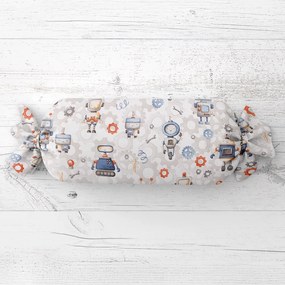 Biante Detský vankúš valec bonbon Sandra SA-584 Svet robotov na sivo-bielom 15x40 cm