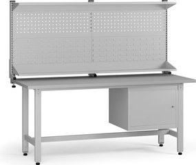 Výškovo nastaviteľný dielenský stôl G5 s nadstavbou, 1800 x 750 x 800-1000 mm, 1x skrinka, sivá