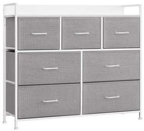 Komoda, 7 látkových zásuviek s rukoväťmi, kovový rám, sivá a biela