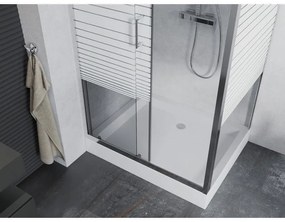 Mexen Apia, sprchový kút s posuvnými dverami 120 (dvere) x 90 (stena) cm, 6mm číre sklo s pásikmi, chrómový profil + biela sprchová vanička RIO s chrómovým sifónom, 840-120-090-01-20-4510