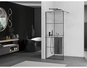 Mexen Kioto+, sprchová zástena Walk-In s poličkou a vešiakom 70 x 200 cm, 8mm číre sklo čierny vzor, grafitový profil, 800-070-121-66-77