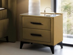 Nočný stolík s 2 zásuvkami Joy, horčicovo žltá látka