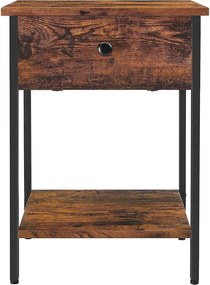 Nočný stolík, príručný stolík so zásuvkou a policou, rustikálny hnedý