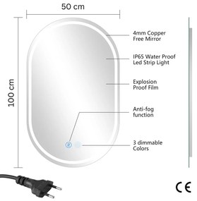 Erga Lyra, oválne LED zrkadlo 50x100cm, 3 farby svetla, predné a zadné osvetlenie, vyhrievacia podložka proti zapareniu, ERG-V01-LYRA-5010-CL