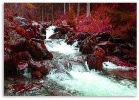 Obraz na plátně Horský potoční les červený - 90x60 cm