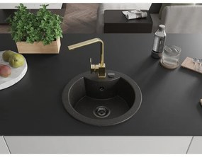 Mexen Diego, 1-komorový granitový drez 488x488x167 mm, čierny sifón, zlatá lesklá batéria Rita, čierna-zlatá metalíza, 6512-75-670300-50-B