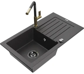 Mexen Pablo, 1-komorový granitový drez 752x436x161 mm a drezová batéria Flora, čierna škvrnitá, 6510-76-670401-75-B