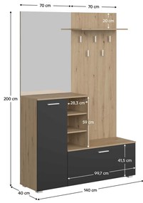 Predsieňová zostava Vetlandi (dub artisan + grafit) (so zrkadlom). Vlastná spoľahlivá doprava až k Vám domov. 1116557