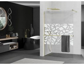 Mexen Kioto+, sprchová zástena s poličkou a držiakom na uteráky 120 x 200 cm, 8mm číre sklo vzor biely, zlatý profil 800-120-121-50-85