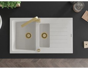 Mexen Matias, granitový drez 900x505x200 mm, 1,5-komorový a zlatá batéria Rita, biela, 6502-20-670300-50