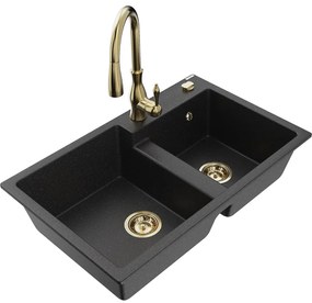 Mexen Tomas, granitový drez 800x500x190 mm, 2-komorový a drezová batéria Savita, čierna-strieborná metalíza, 6516-73-672601-50