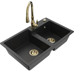 Mexen Tomas, granitový drez 800x500x190 mm, 2-komorový a drezová batéria Savita, čierna-strieborná metalíza, 6516-73-672601-50