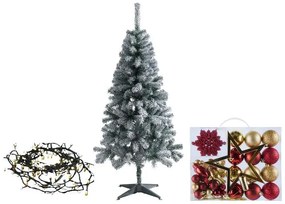 Livarno home Zasnežený umelý vianočný stromček, 150 cm + Svetelná LED reťaz, teplá biela + Ozdoby, červené/zlaté  (800010997)