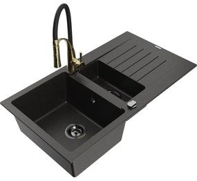 Mexen Matias, granitový drez 900x505x200 mm, 1,5-komorový a drezová batéria Aster, čierna-zlatá metalíza, 6502-75-73450-57-B