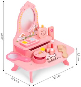 ECOTOYS Drevená toaletka pre dievčatá so zrkadlom a 7 doplnkami