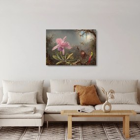Sklenený obraz - Martin Johnson Heade, Cattleya Orchid and Three Hummingbirds, reprodukcia (70x50 cm)