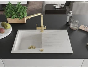 Mexen Cesar, granitový drez 775x470x190 mm, 1-komorový a zlatá batéria Duero, biela, 6514-20-671600-50