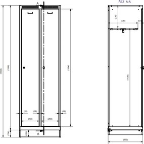 Kovová šatníková skrinka S7 na sokli, 2-dverová, 1904 x 600 x 500 mm, demont, otočný zámok, modré dvere