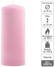Sada stĺpových sviečok, 25 cm, Ø10 cm, ružová, 4 ks