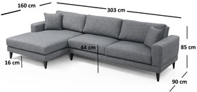 Rozkladacia rohová pohovka Nordic 303 x 90 cm, ľavá, tmavosivá