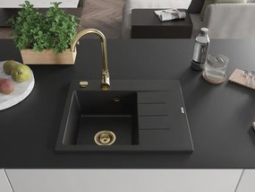 Mexen Ben, 1-komorový granitový drez 600x500x190 mm, ľavý + zlatý sifón, čierna, 6522605000-77-G